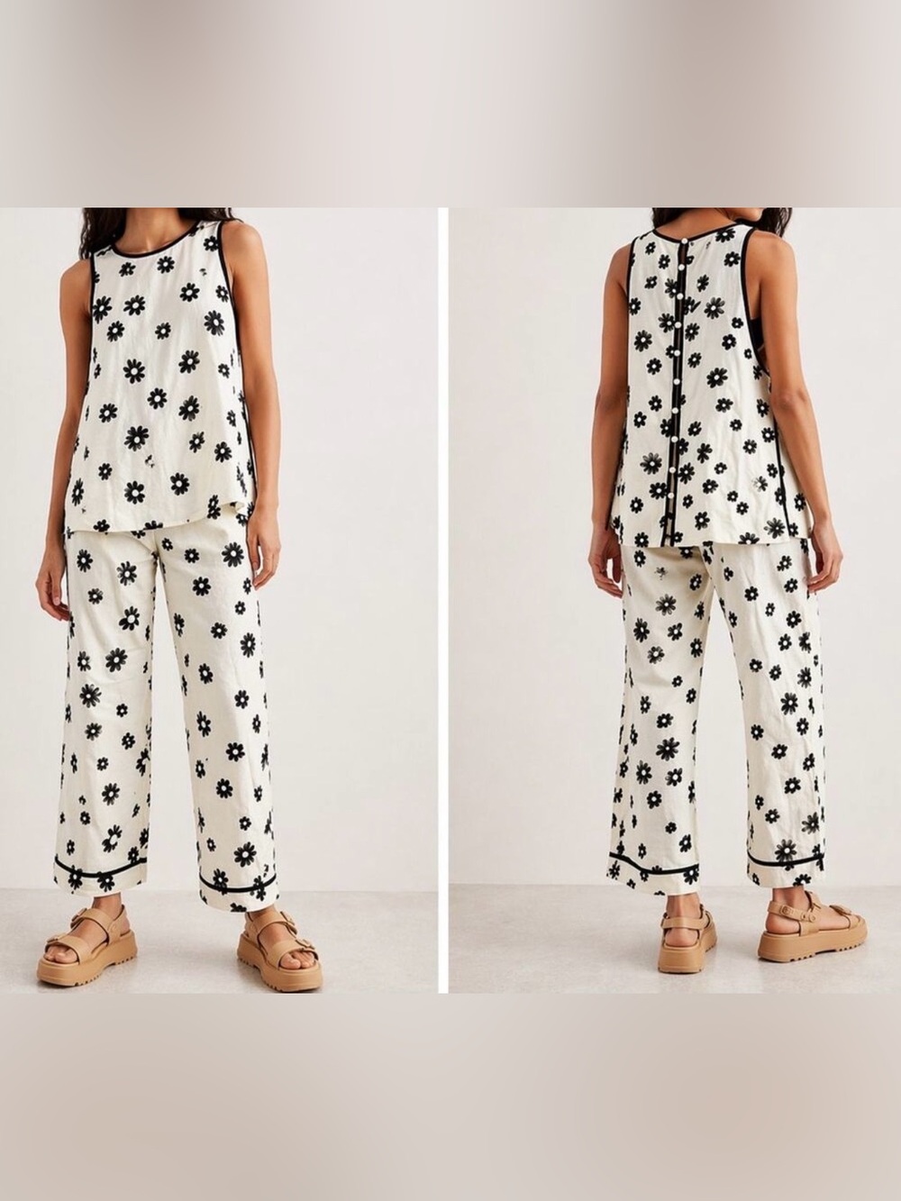 Free People - White Two-Piece Floral Linen pant set with Black Daisy Print